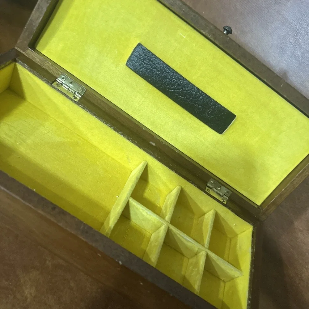 Vintage Wood Wooden Jewelry Box Gold Yellow Velvet Lined 12X5X3